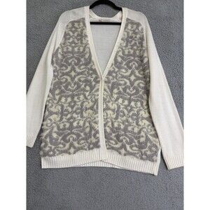 Hinge Women's Medium Fuzzy Geometric Print Cardigan Sweater SOFT Cream